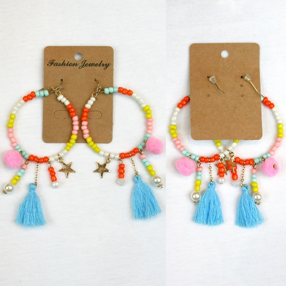 Boho Beaded Hoops w/ Tassels, Poms, Stars NWT - Picture 6 of 6